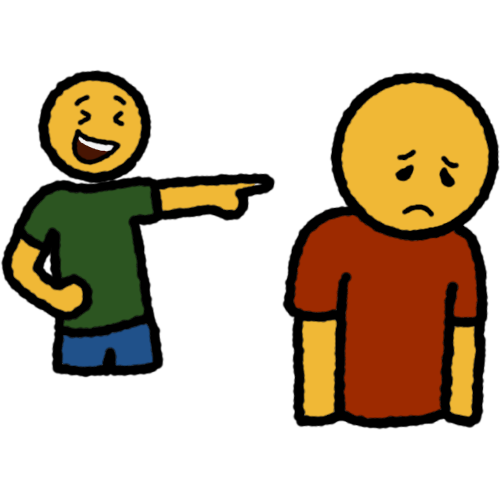 person pointing another person, laughing at them.